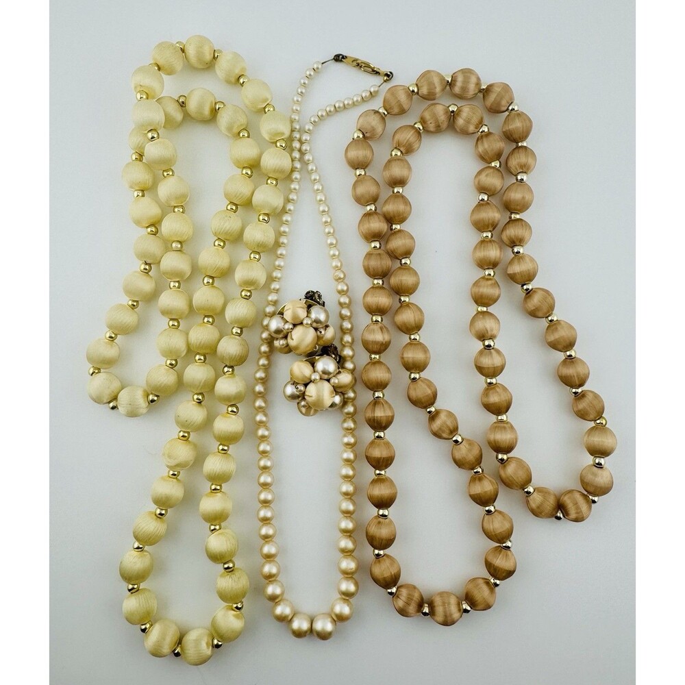 Vintage Japan Satin Bead &  Faux Pearl Necklaces Clip-on Earrings Jewelry Set